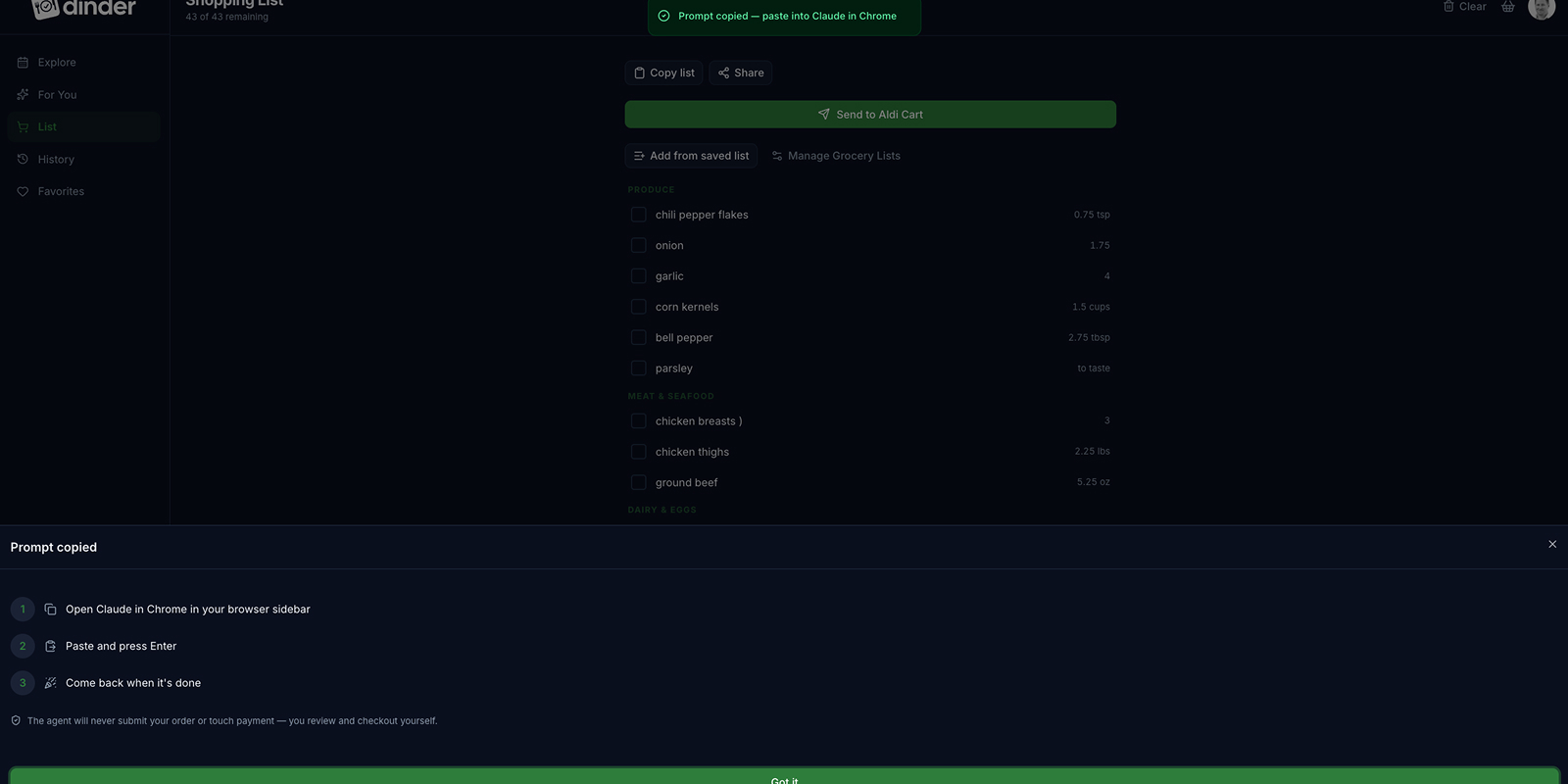 The prompt modal with instructions